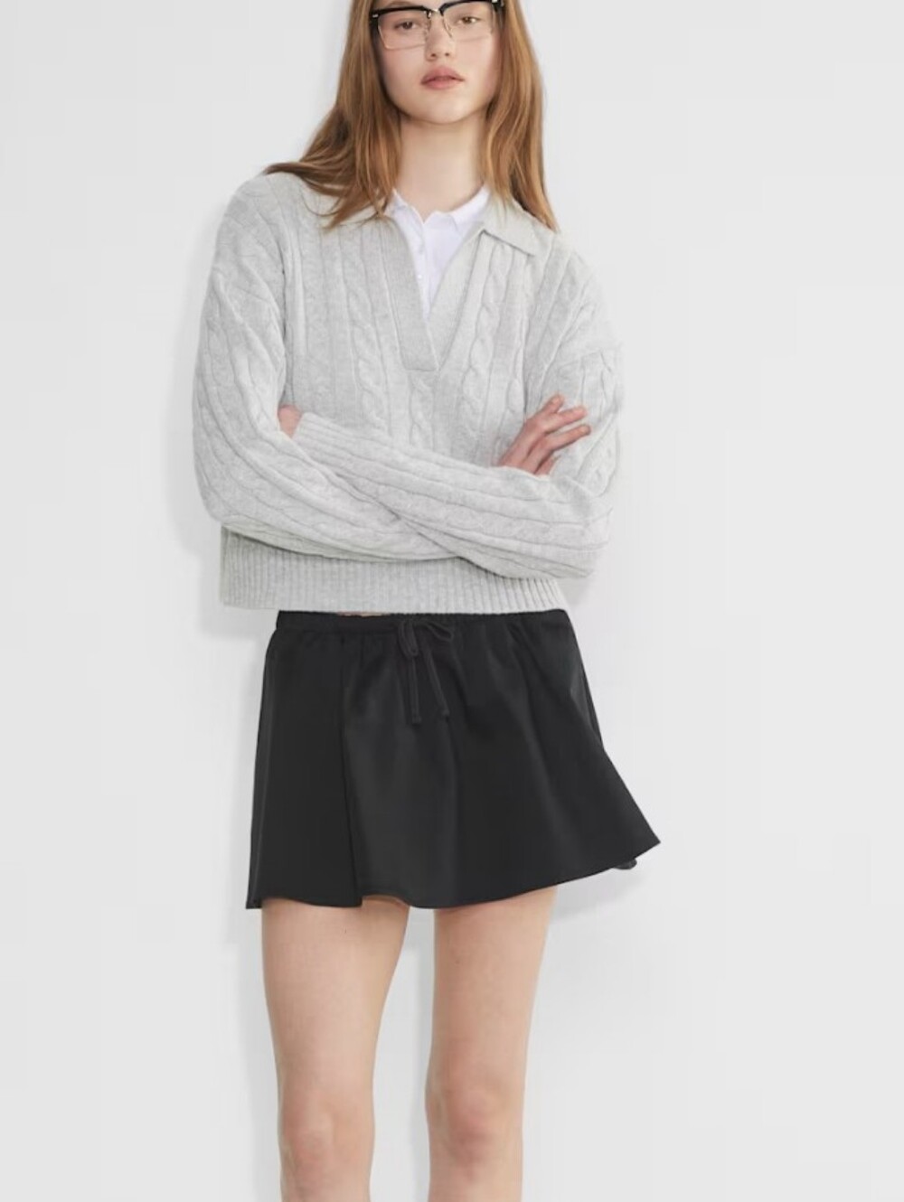 Aritzia Sunday Best Lottie Boxy Cropped Cable Knit Wool Blend Collared Sweater